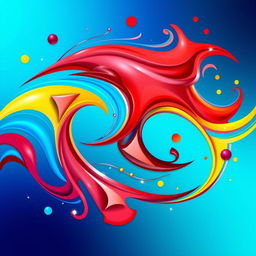 A vibrant and colorful abstract composition, featuring swirling patterns of blue, red, and yellow