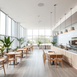 A modern minimalist cafeteria featuring clean lines and an open concept design