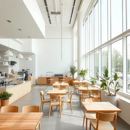 A modern minimalist cafeteria featuring clean lines and an open concept design