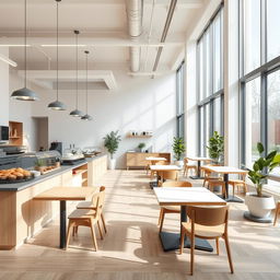A modern minimalist cafeteria featuring clean lines and an open concept design
