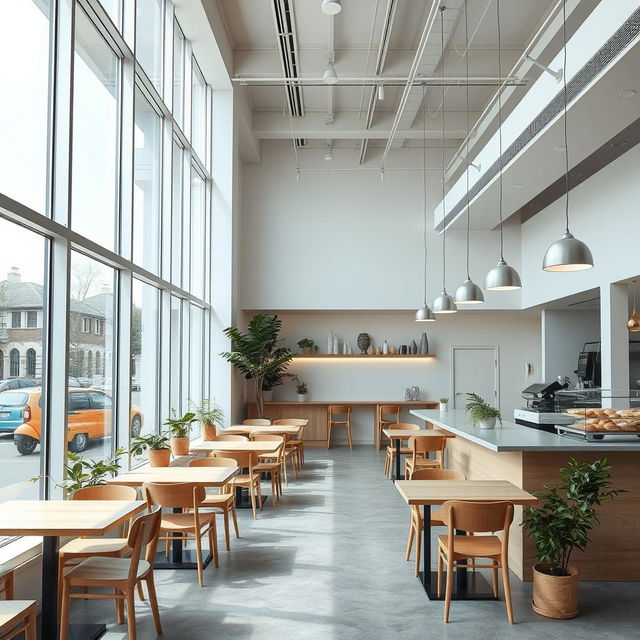 A modern minimalist cafeteria featuring clean lines and an open concept design