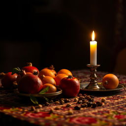 A beautifully arranged Yalda night table setting, featuring traditional Persian fruits like pomegranates and oranges, alongside a glowing candle casting a warm light in a dark room, creating a cozy and intimate atmosphere