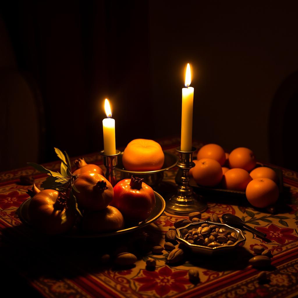 A beautifully arranged Yalda night table setting, featuring traditional Persian fruits like pomegranates and oranges, alongside a glowing candle casting a warm light in a dark room, creating a cozy and intimate atmosphere