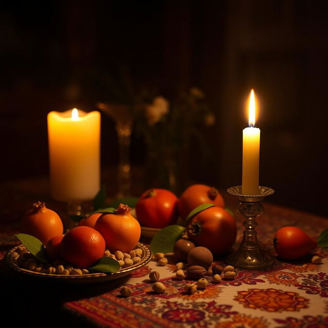 A beautifully arranged Yalda night table setting, featuring traditional Persian fruits like pomegranates and oranges, alongside a glowing candle casting a warm light in a dark room, creating a cozy and intimate atmosphere