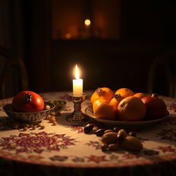 A beautifully arranged Yalda night table setting, featuring traditional Persian fruits like pomegranates and oranges, alongside a glowing candle casting a warm light in a dark room, creating a cozy and intimate atmosphere