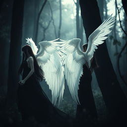A dark aesthetic scene set in a mystical forest, featuring an ethereal atmosphere with blurred edges