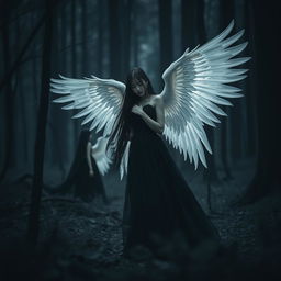A dark aesthetic scene set in a mystical forest, featuring an ethereal atmosphere with blurred edges