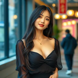 An attractive adult Korean woman with long black hair cascading down her shoulders, wearing a stylish, low-cut blouse that accentuates her ample figure