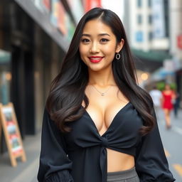 An attractive adult Korean woman with long black hair cascading down her shoulders, wearing a stylish, low-cut blouse that accentuates her ample figure