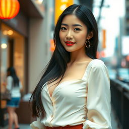 An attractive adult Korean woman with long black hair cascading down her shoulders, wearing a stylish, low-cut blouse that accentuates her ample figure