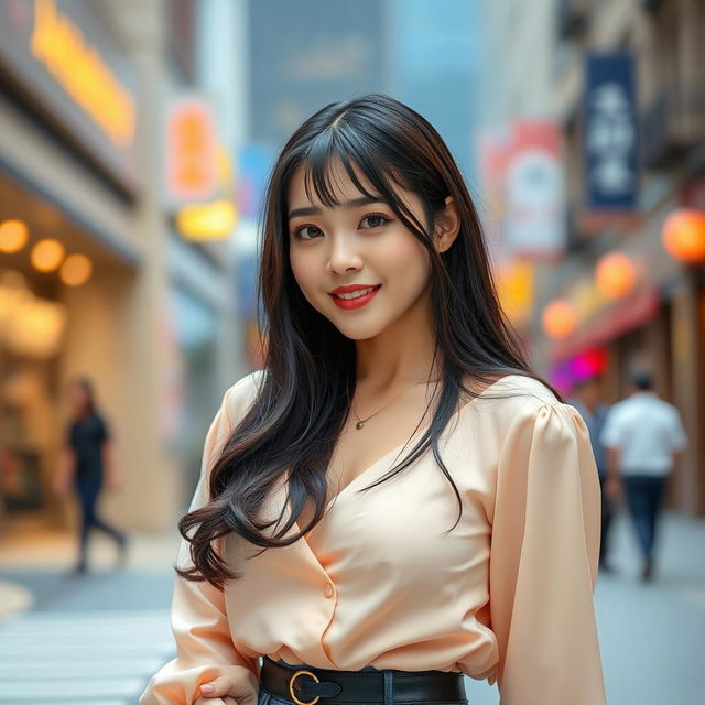 An attractive adult Korean woman with long black hair cascading down her shoulders, wearing a stylish, low-cut blouse that accentuates her ample figure