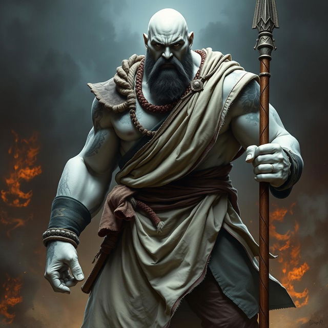 An imposing stone goliath battle monk standing in a fierce battle stance, radiating strength and discipline