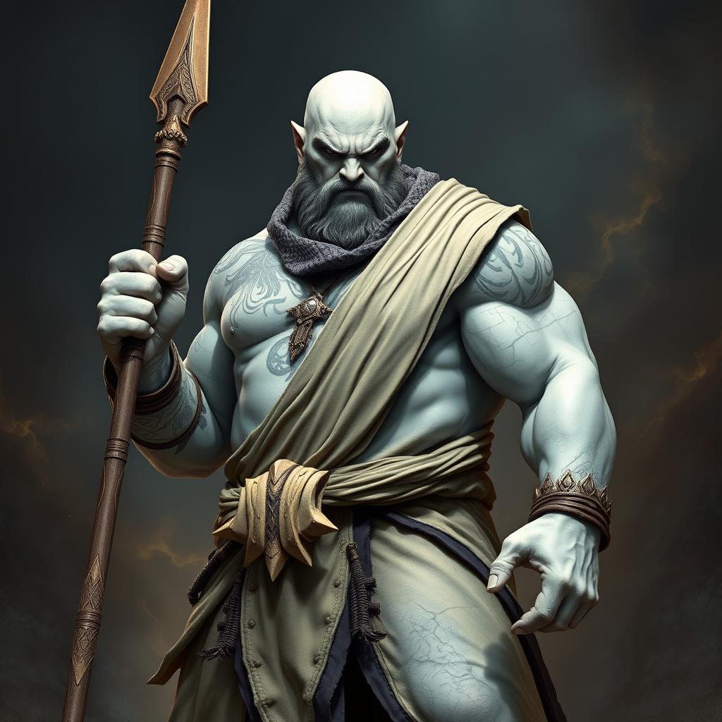 An imposing stone goliath battle monk standing in a fierce battle stance, radiating strength and discipline