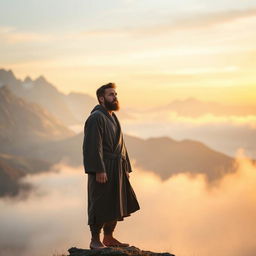 A pensive man standing on a misty mountain peak at dawn, gazing thoughtfully into the horizon with a look of introspection