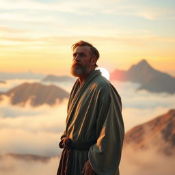A pensive man standing on a misty mountain peak at dawn, gazing thoughtfully into the horizon with a look of introspection