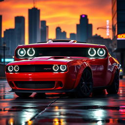 A striking Dodge Challenger parked in an urban setting, showcasing its muscular design and aggressive stance