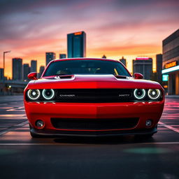 A striking Dodge Challenger parked in an urban setting, showcasing its muscular design and aggressive stance