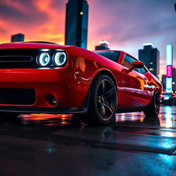 A striking Dodge Challenger parked in an urban setting, showcasing its muscular design and aggressive stance