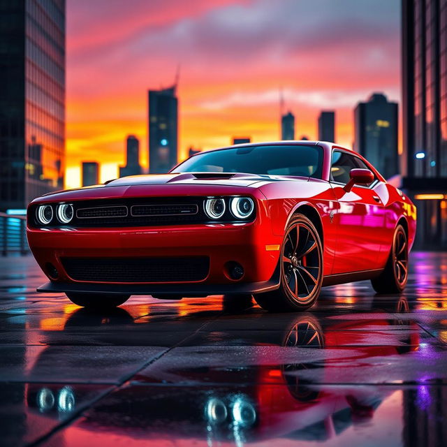 A striking Dodge Challenger parked in an urban setting, showcasing its muscular design and aggressive stance