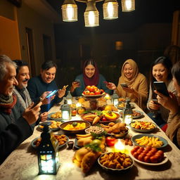 A cozy Yalda night dinner setting featuring a beautifully arranged traditional table with various fruits, nuts, and pastries