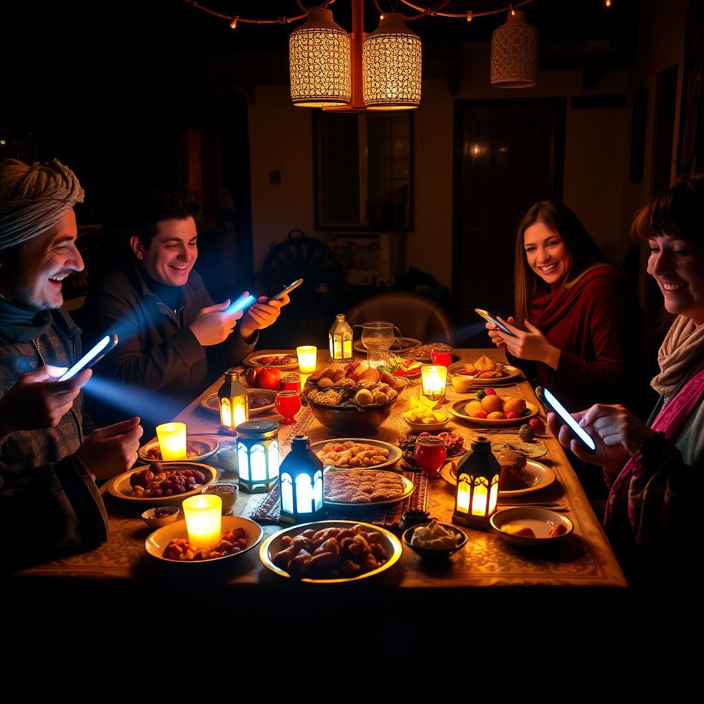 A cozy Yalda night dinner setting featuring a beautifully arranged traditional table with various fruits, nuts, and pastries