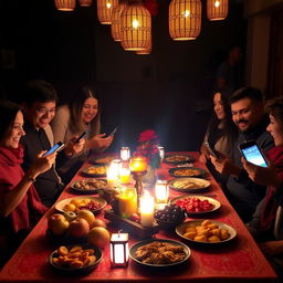 A cozy Yalda night dinner setting featuring a beautifully arranged traditional table with various fruits, nuts, and pastries