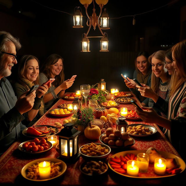 A cozy Yalda night dinner setting featuring a beautifully arranged traditional table with various fruits, nuts, and pastries