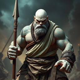 A stoic stone goliath battle monk in an intense battle stance, exuding a powerful aura of focus and determination