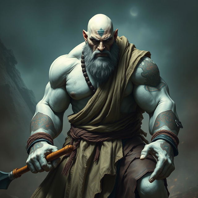 A stoic stone goliath battle monk in an intense battle stance, exuding a powerful aura of focus and determination