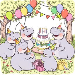 A charming line drawing illustration of a hippo birthday party
