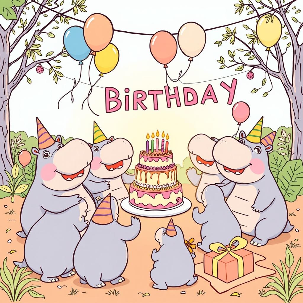 A charming line drawing illustration of a hippo birthday party