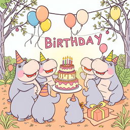 A charming line drawing illustration of a hippo birthday party