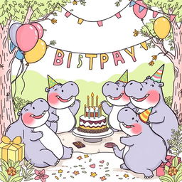 A charming line drawing illustration of a hippo birthday party