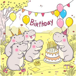A charming line drawing illustration of a hippo birthday party