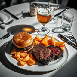 An elegant dining table set with a black and white aesthetic, featuring a beautifully arranged platter of a juicy, medium-rare steak alongside a perfectly toasted burger