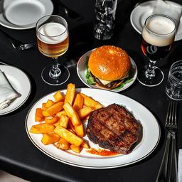 An elegant dining table set with a black and white aesthetic, featuring a beautifully arranged platter of a juicy, medium-rare steak alongside a perfectly toasted burger