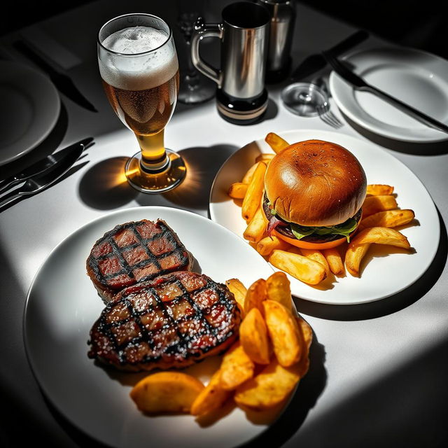 An elegant dining table set with a black and white aesthetic, featuring a beautifully arranged platter of a juicy, medium-rare steak alongside a perfectly toasted burger