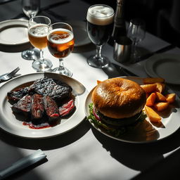 An elegant dining table set with a black and white aesthetic, featuring a beautifully arranged platter of a juicy, medium-rare steak alongside a perfectly toasted burger