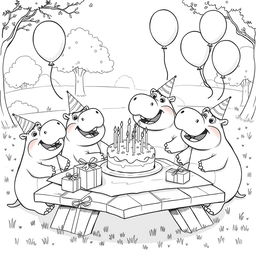 A black and white line drawing illustration of a hippo birthday party