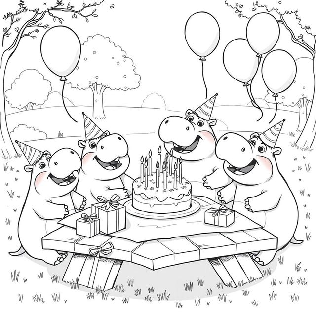 A black and white line drawing illustration of a hippo birthday party