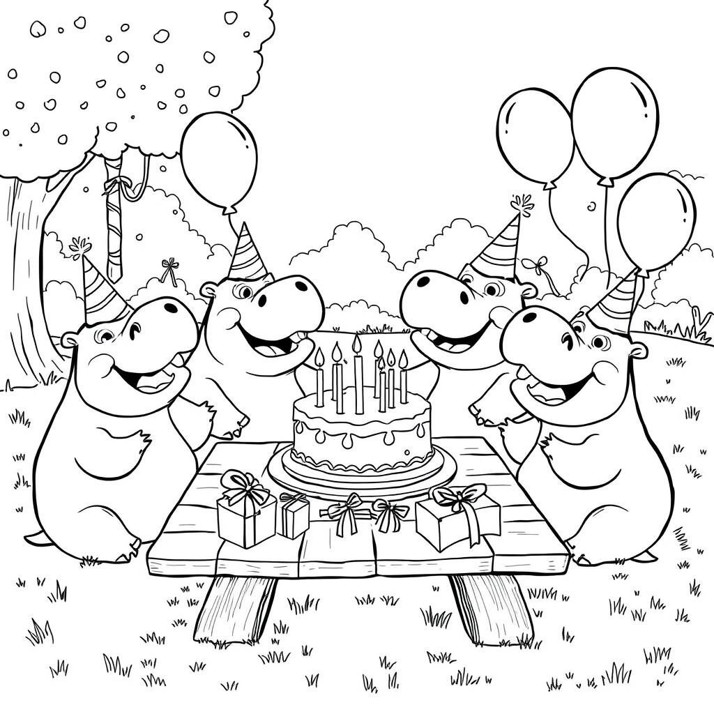 A black and white line drawing illustration of a hippo birthday party