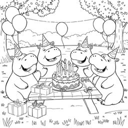 A black and white line drawing illustration of a hippo birthday party