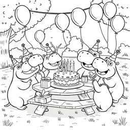 A black and white line drawing illustration of a hippo birthday party