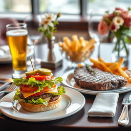 A beautifully arranged elegant dining table setting featuring a delicious, juicy burger topped with fresh lettuce, tomatoes, and pickles