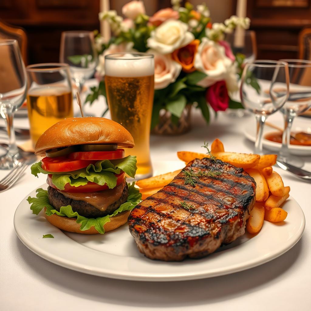 A beautifully arranged elegant dining table setting featuring a delicious, juicy burger topped with fresh lettuce, tomatoes, and pickles