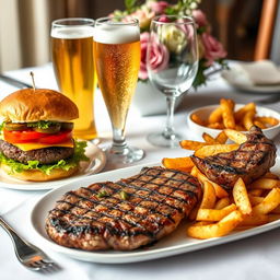 A beautifully arranged elegant dining table setting featuring a delicious, juicy burger topped with fresh lettuce, tomatoes, and pickles