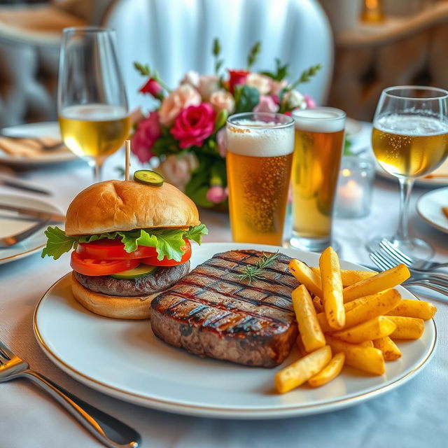 A beautifully arranged elegant dining table setting featuring a delicious, juicy burger topped with fresh lettuce, tomatoes, and pickles