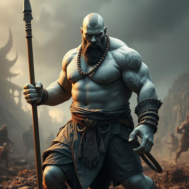 An imposing stone goliath battle monk depicted in a fierce battle stance, exuding strength and determination