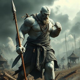 An imposing stone goliath battle monk depicted in a fierce battle stance, exuding strength and determination