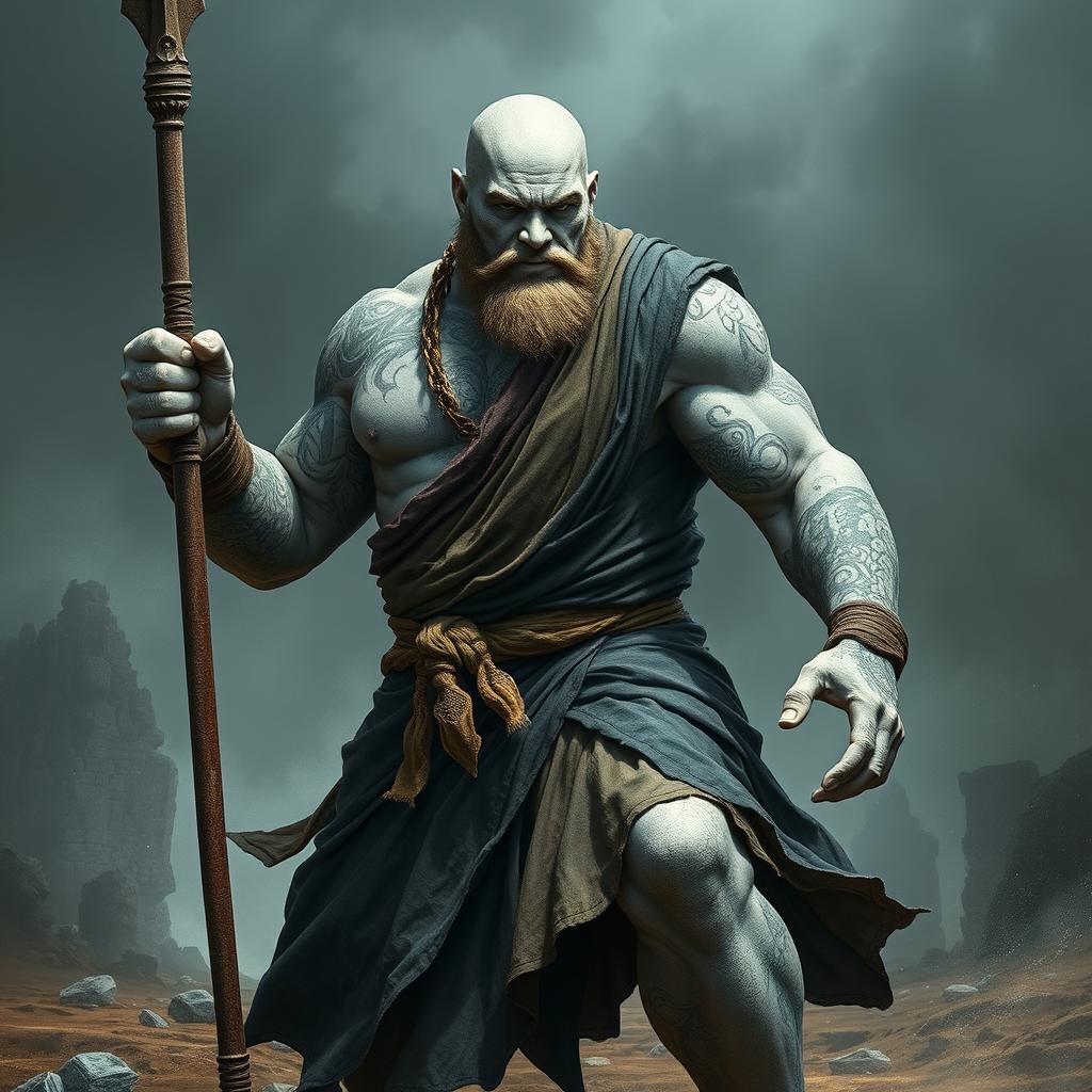 An imposing stone goliath battle monk depicted in a fierce battle stance, exuding strength and determination